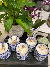 Load image into Gallery viewer, Blue Japanese Teacup Candles With Flowers