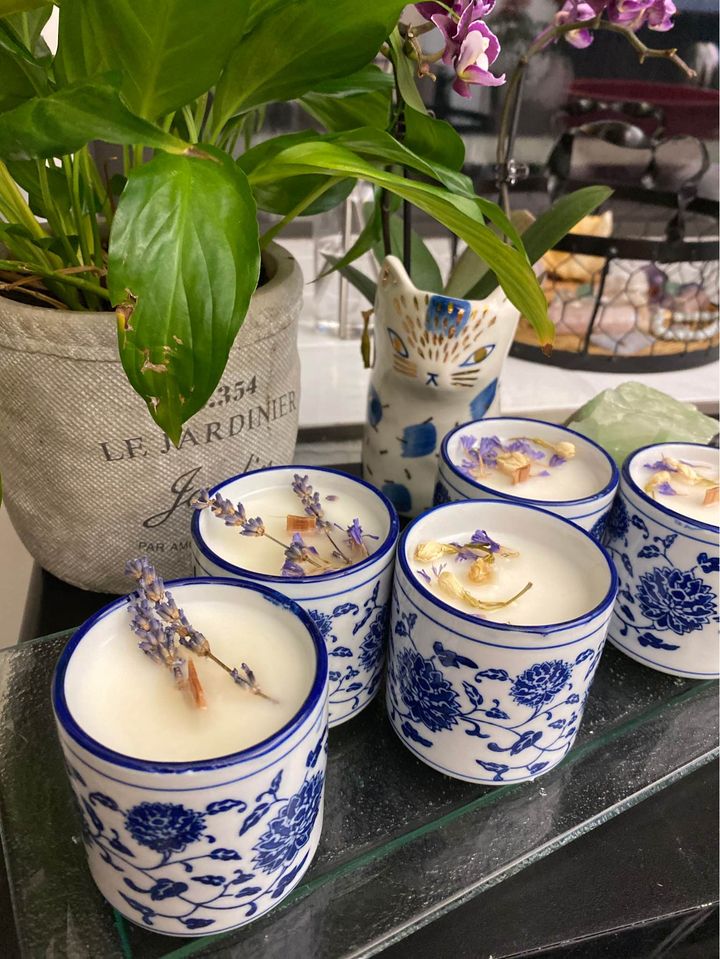 Blue Japanese Teacup Candles With Flowers