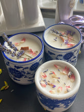 Load image into Gallery viewer, Blue Japanese Teacup Candles With Flowers
