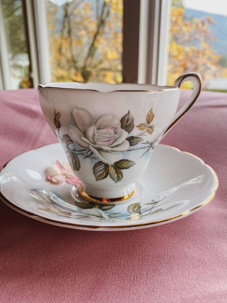 White and Blue Rose Vintage Teacup